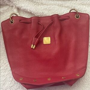 MCM Red Leather Bucket Bag